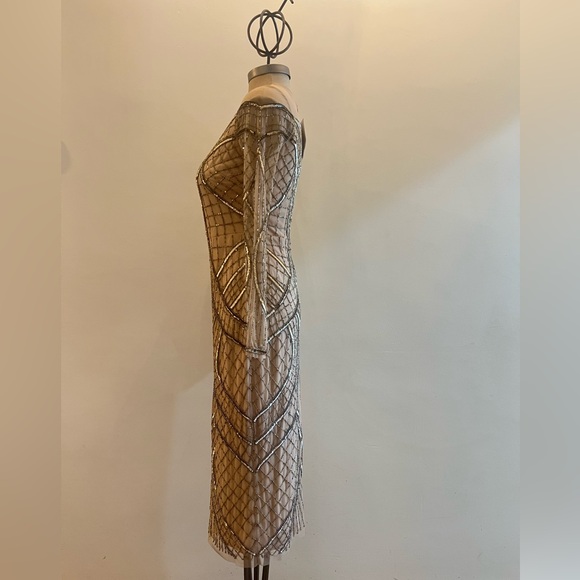 Aidan Mattox beaded illusion deep V-Neckline long sleeve midi dressy dress - Picture 9 of 11